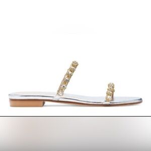 Stuart Weitzman Ameliese Crystal Leather Metallic Embellished Sandal Silver US 5